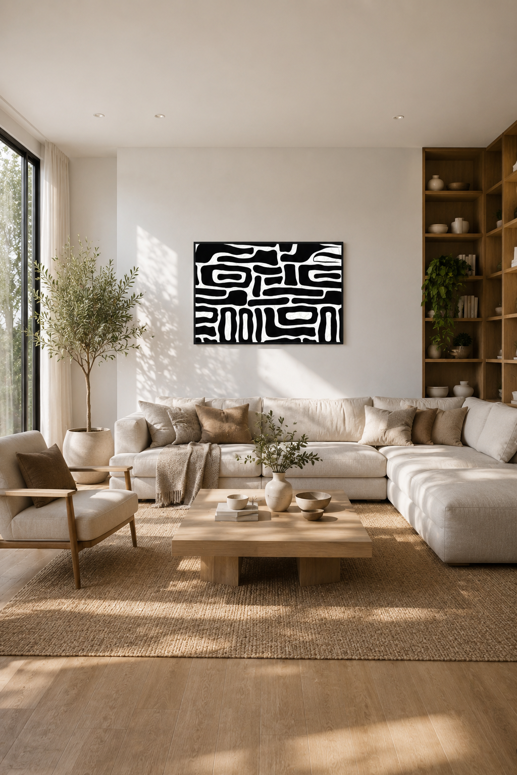 Black and white abstract wall art with a black wooden frame displayed above a beige sectional sofa in a bright modern living room with natural daylight and warm wood accents.