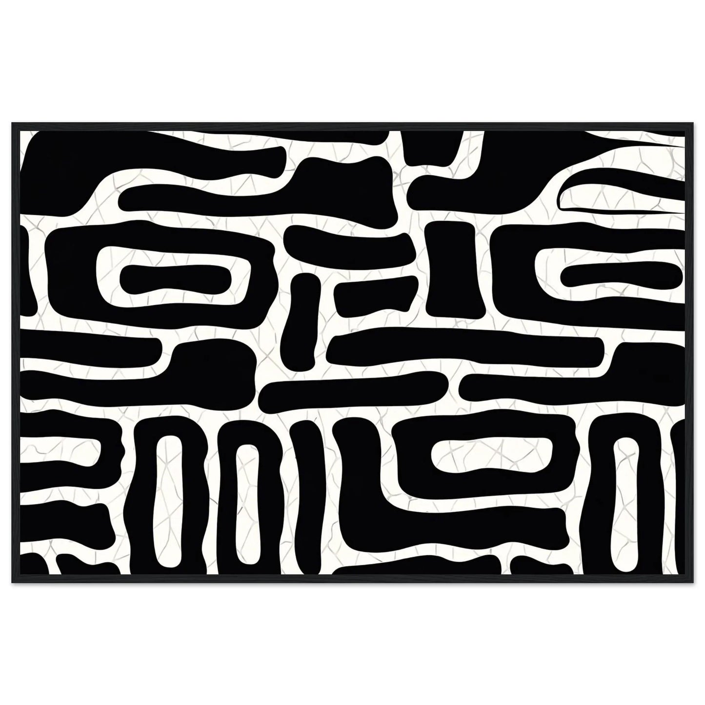 Abstract Lines minimalist black and white framed wall art in a black wooden frame, rounded black forms across a textured white surface