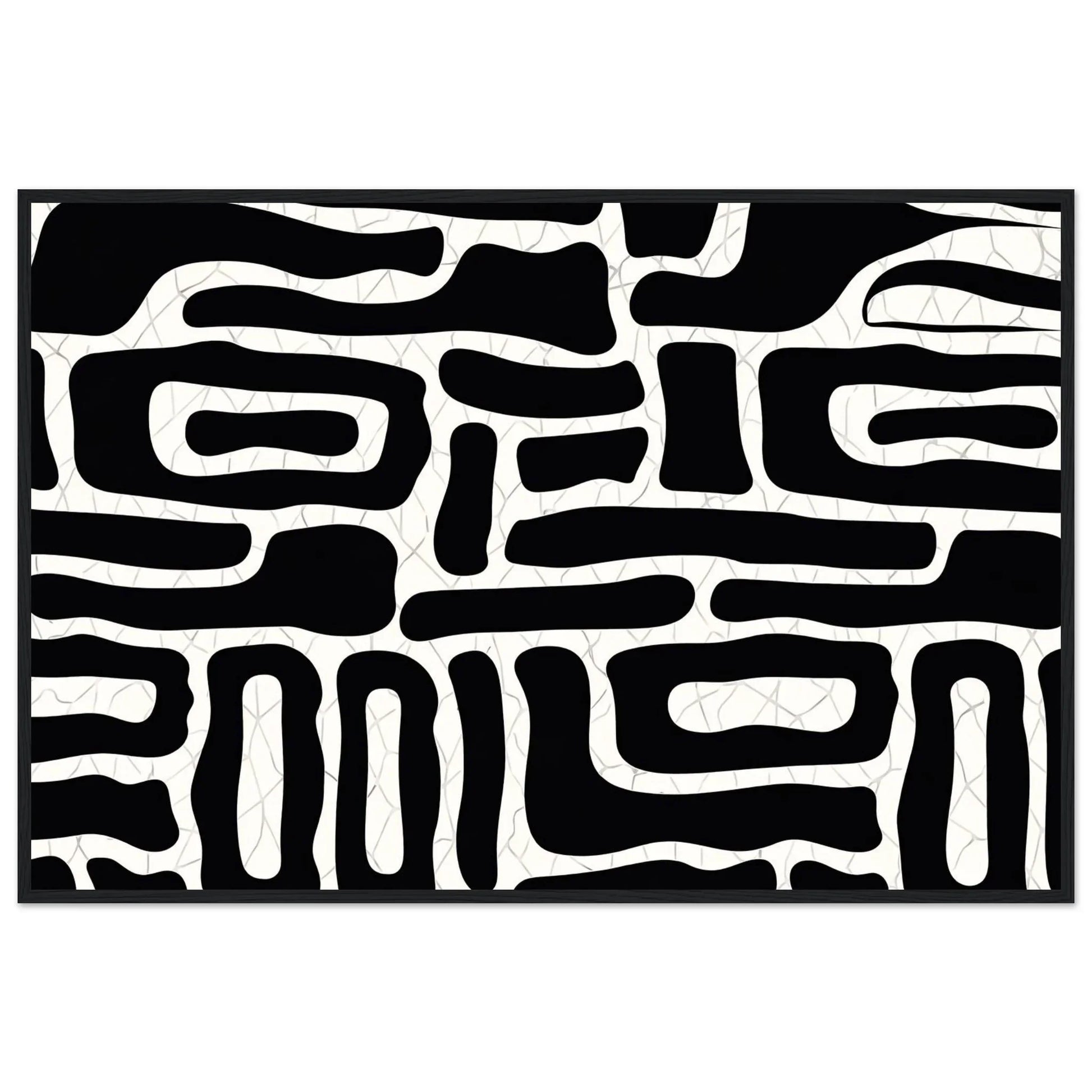 Abstract Lines minimalist black and white framed wall art in a black wooden frame, rounded black forms across a textured white surface