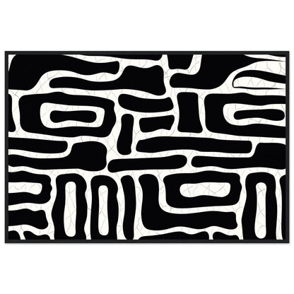 Abstract Lines minimalist black and white framed wall art in a black wooden frame, rounded black forms across a textured white surface