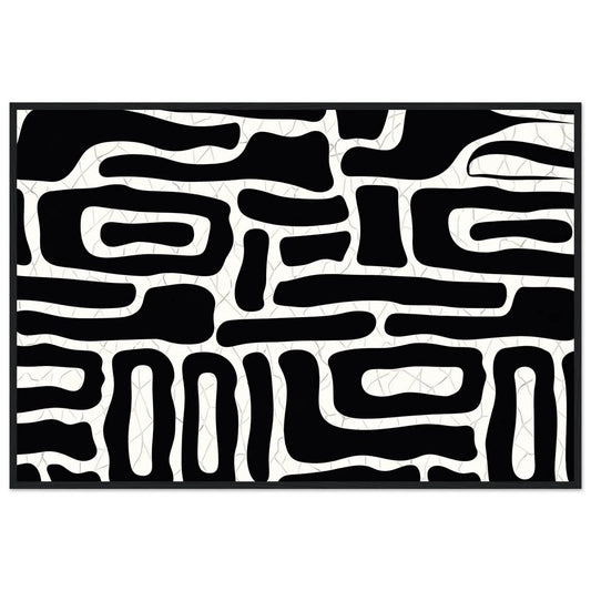 Abstract Lines minimalist black and white framed wall art in a black wooden frame, rounded black forms across a textured white surface