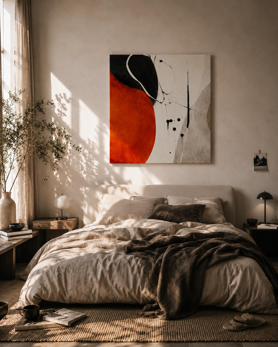 Abstract orange black canvas above bed in modern bedroom interior