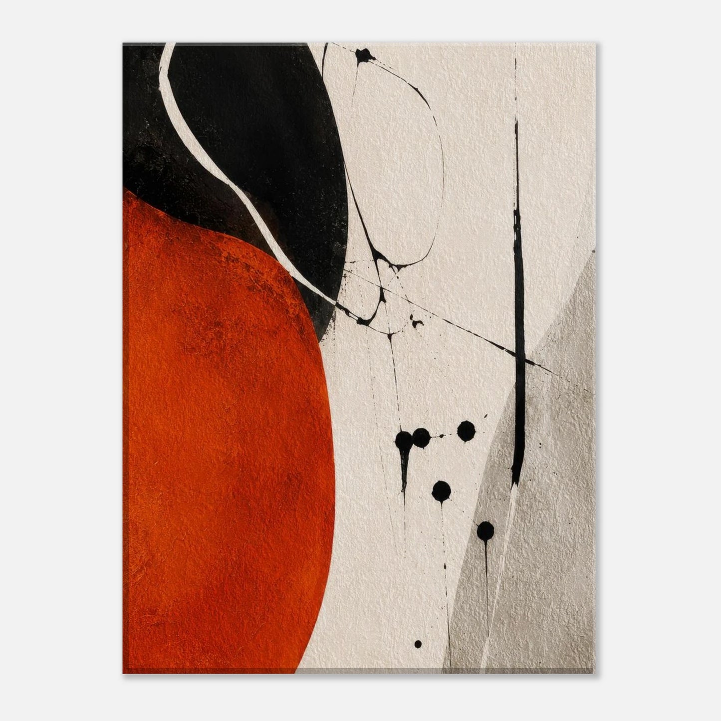 Front view close-up of abstract orange black canvas wall art