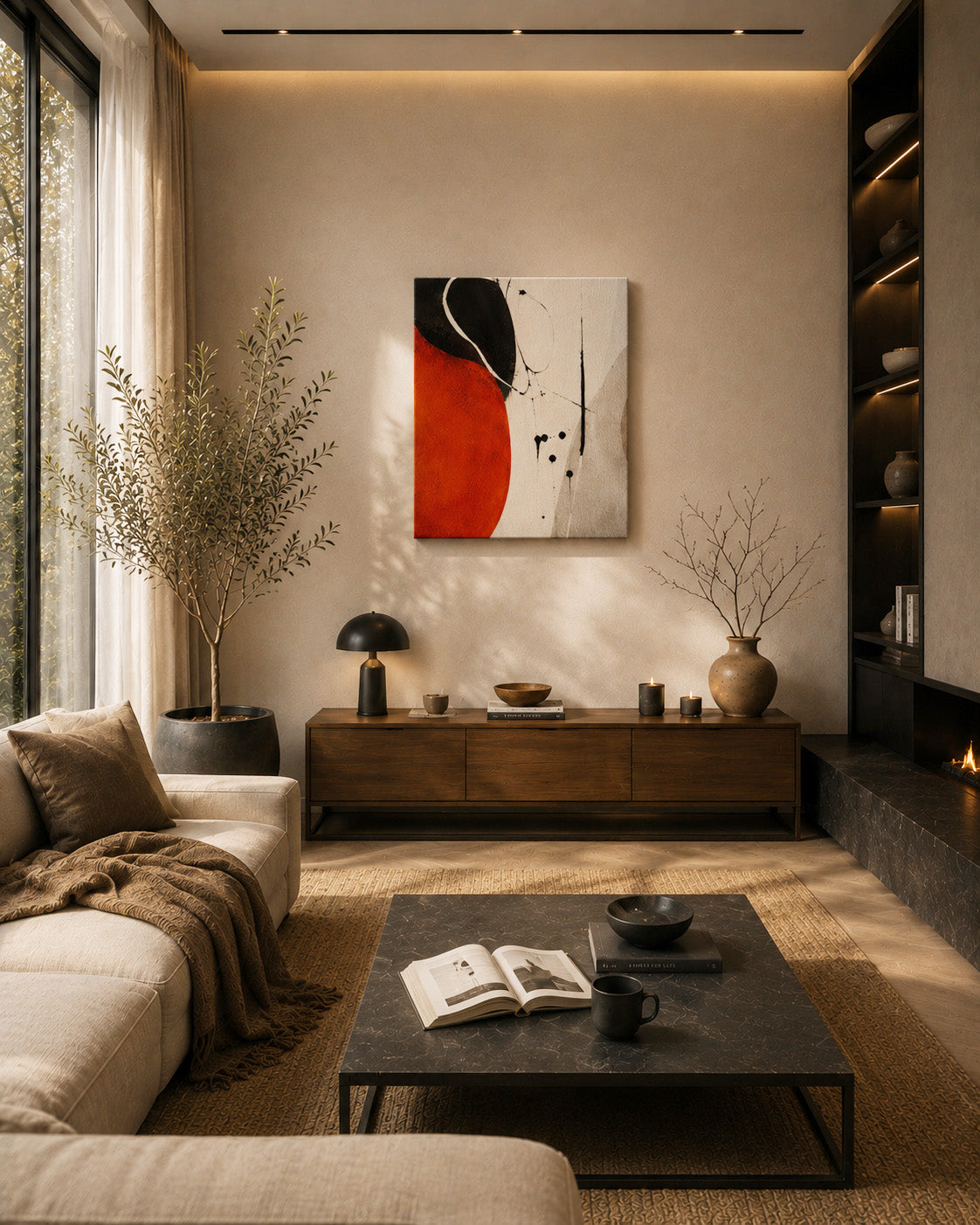 Abstract orange black canvas above wooden console in cozy living room