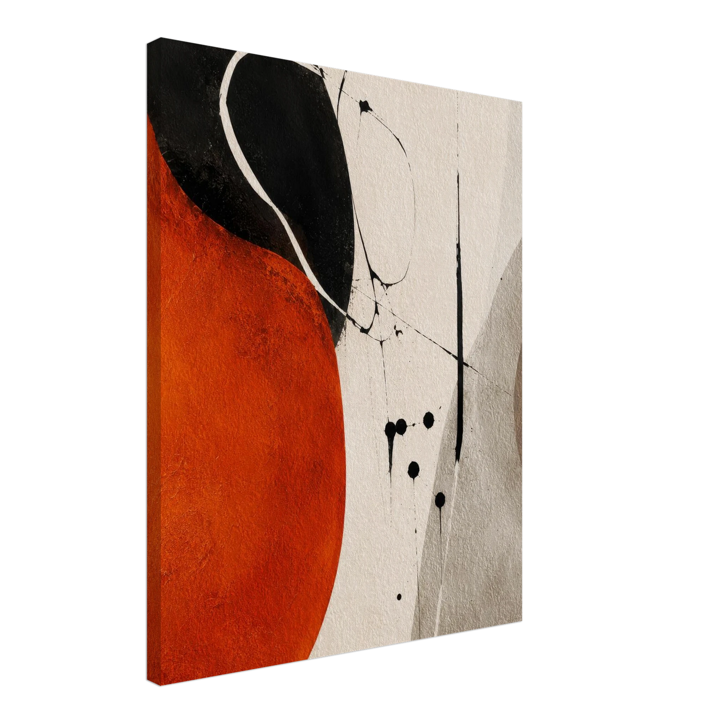 Gallery wrapped abstract orange and black canvas side profile