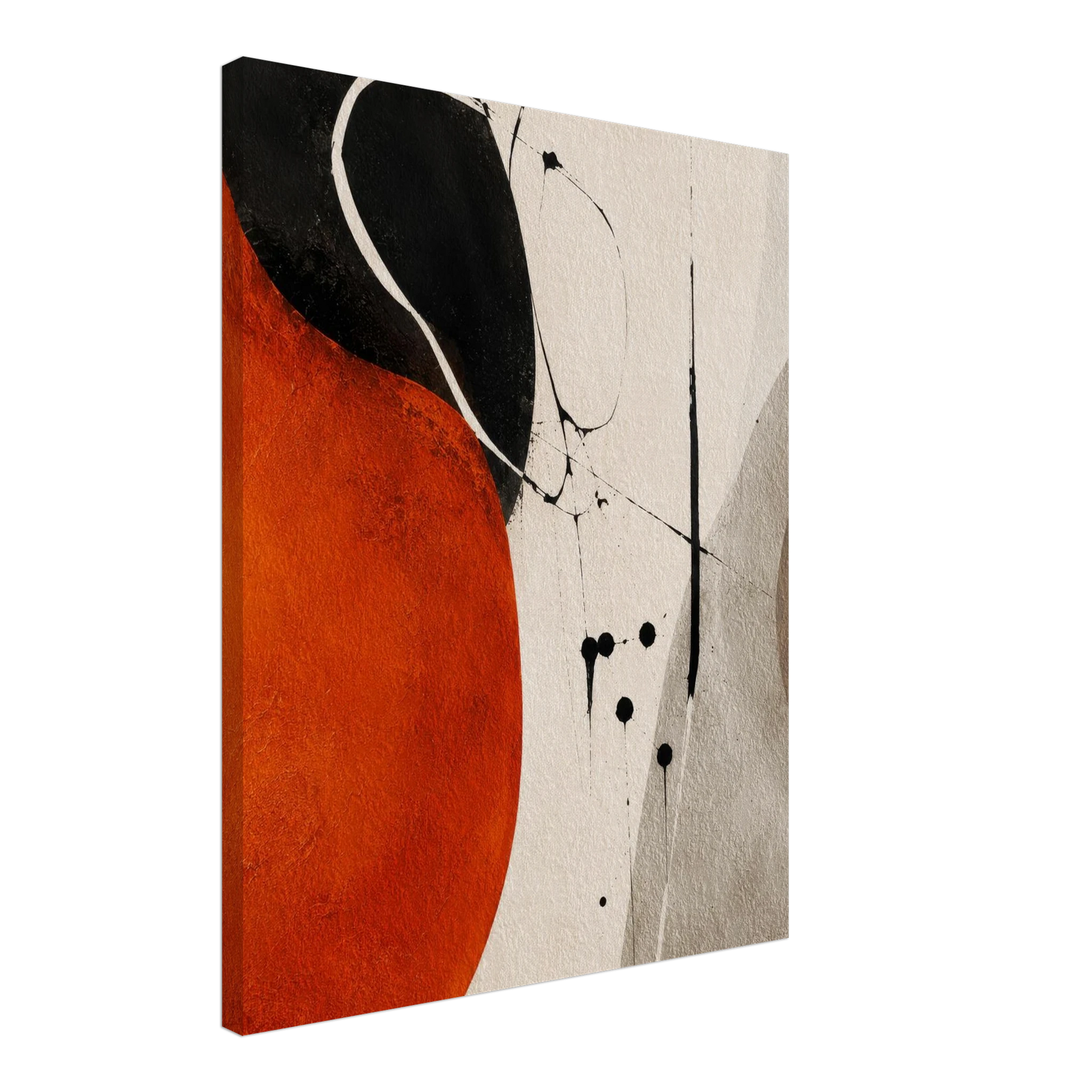 Gallery wrapped abstract orange and black canvas side profile