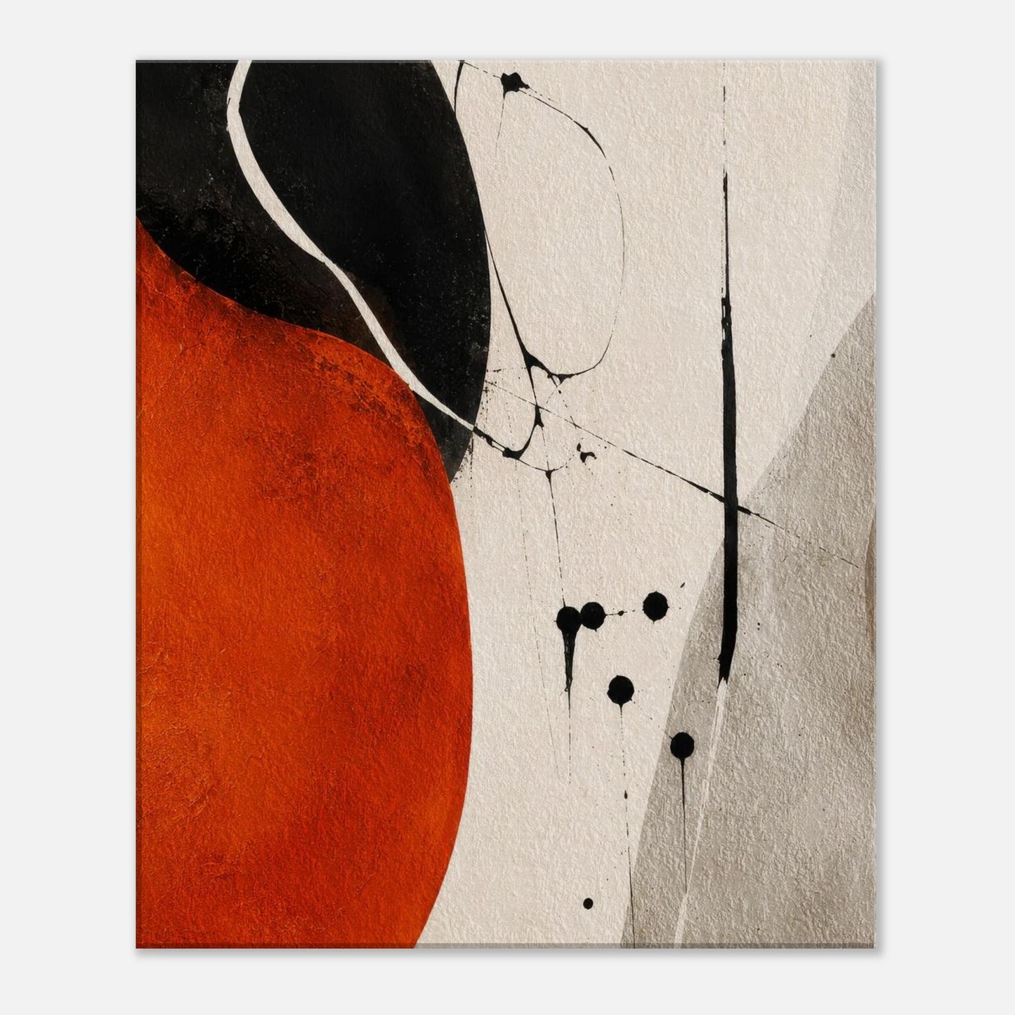 Detailed texture view of abstract orange and black canvas artwork