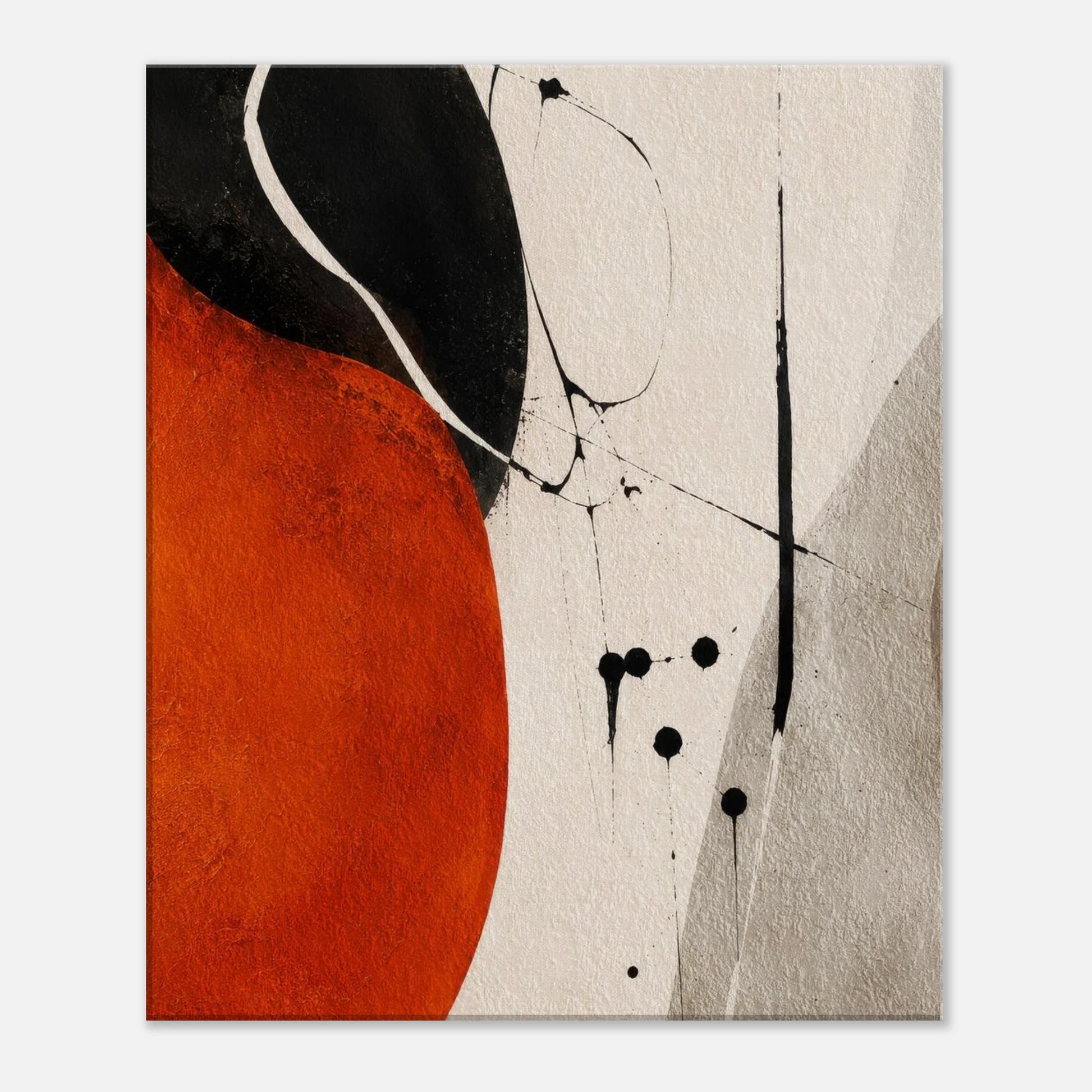 Detailed texture view of abstract orange and black canvas artwork