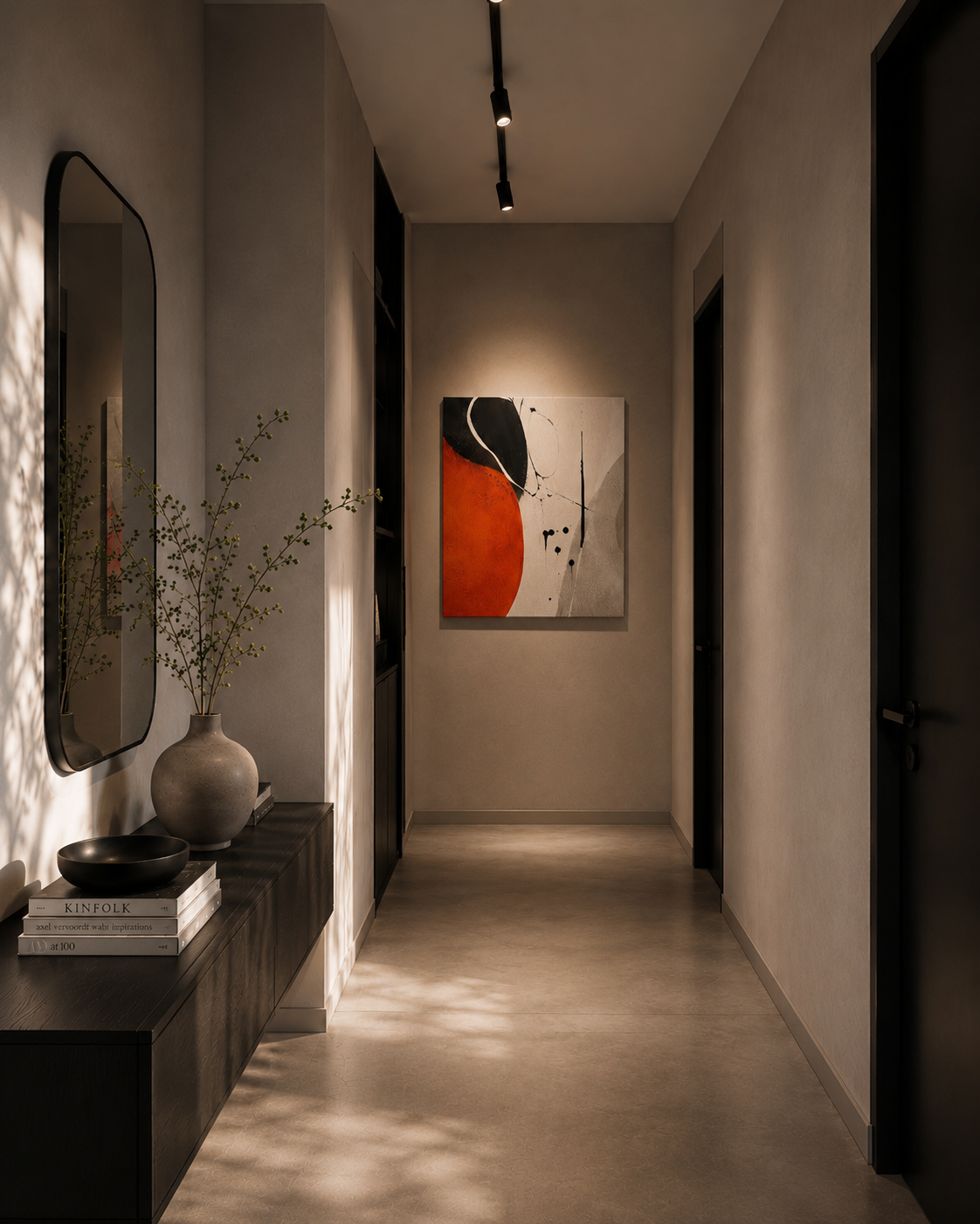 Abstract orange black canvas displayed in modern hallway interior