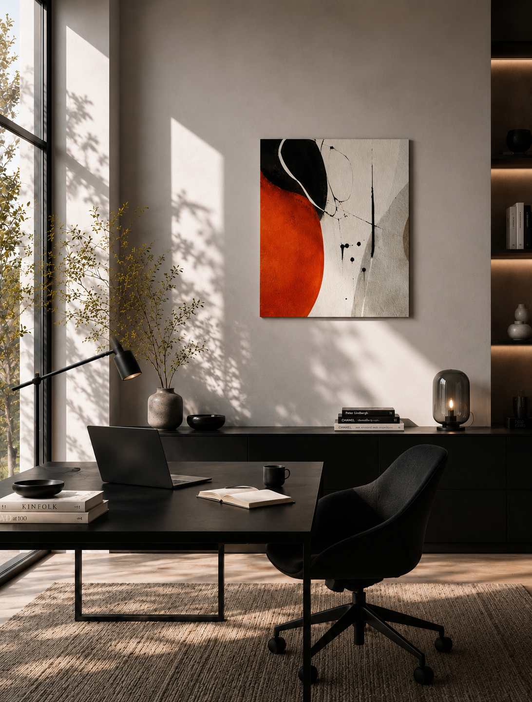 Abstract orange black canvas in minimalist home office workspace