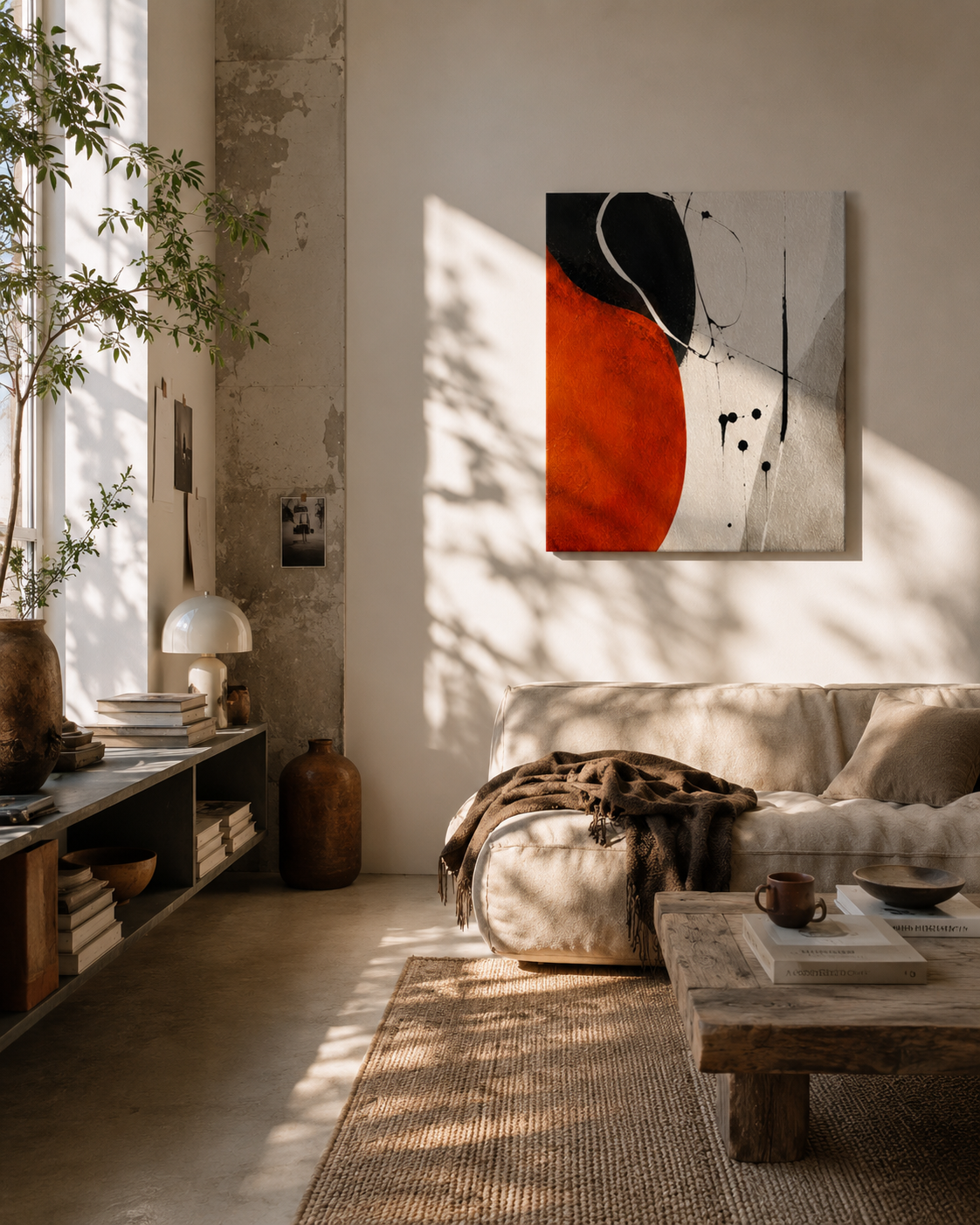 Abstract orange black canvas wall art in cozy modern living room