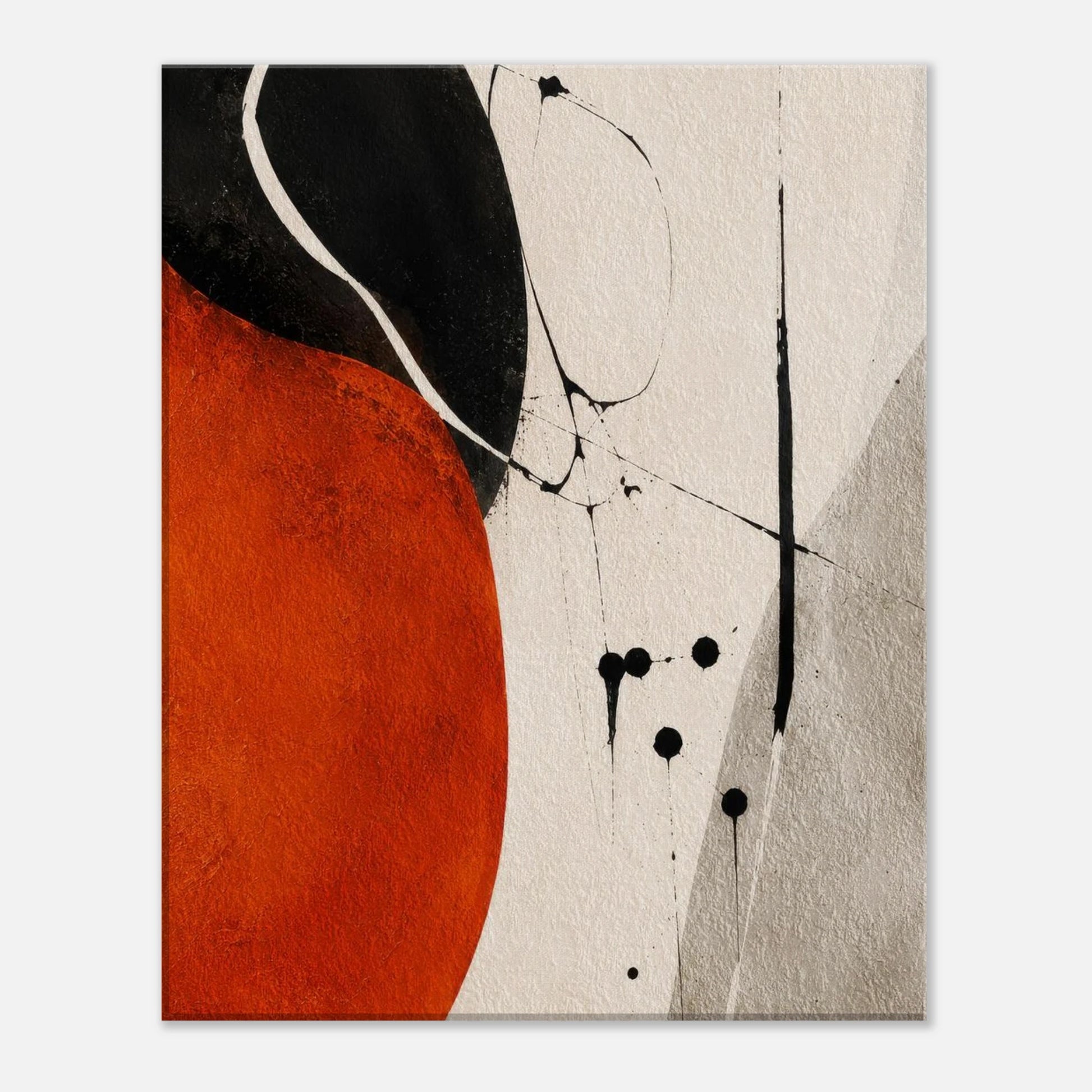 Side angle view of abstract orange black stretched canvas
