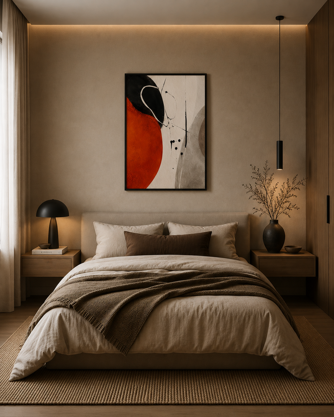 Minimalist bedroom with abstract orange and black wall art in a black wooden frame above the bed.
