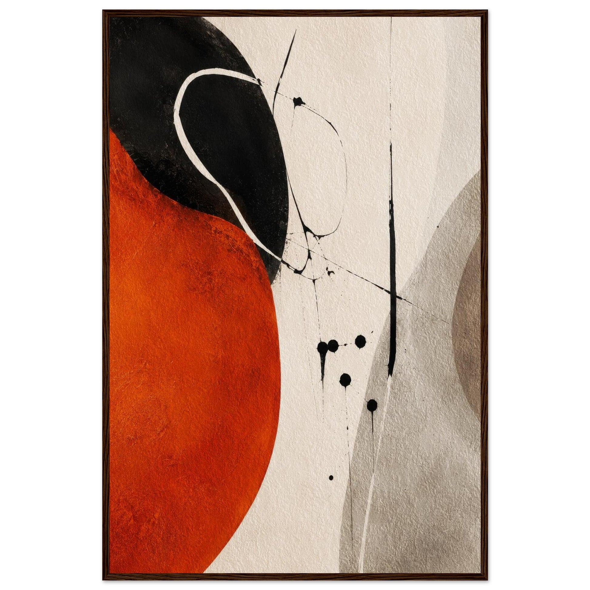 Modern abstract orange and black wall art with a thin black wooden frame.