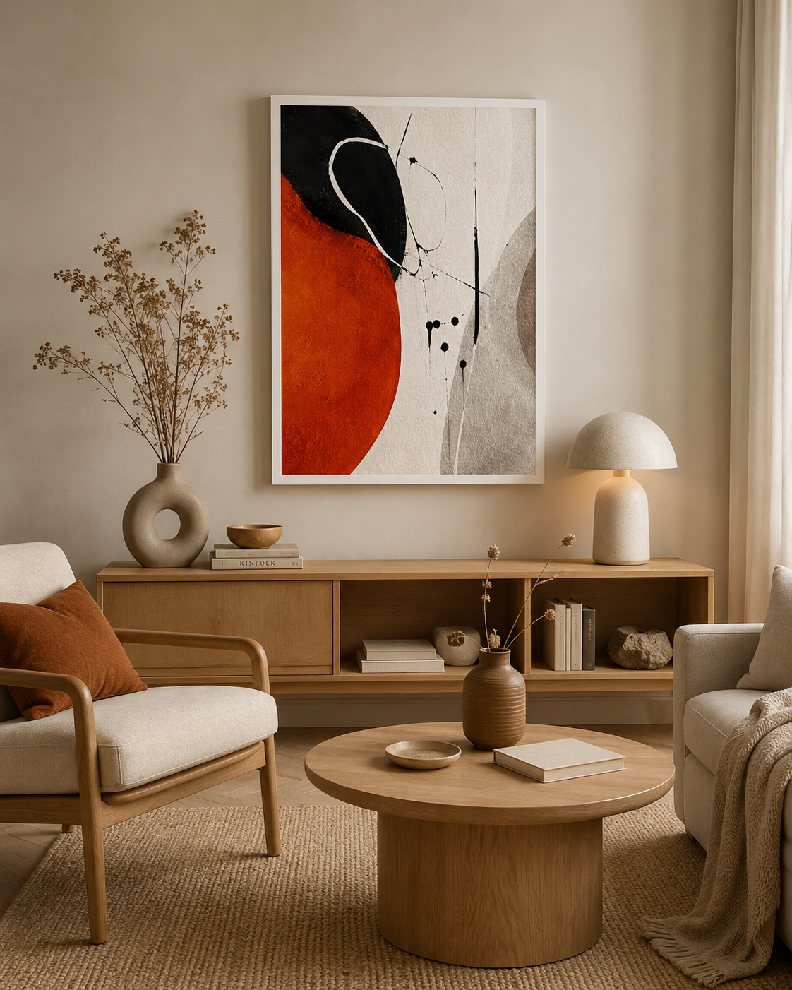 Modern living room featuring abstract orange and black wall art above a wooden console.