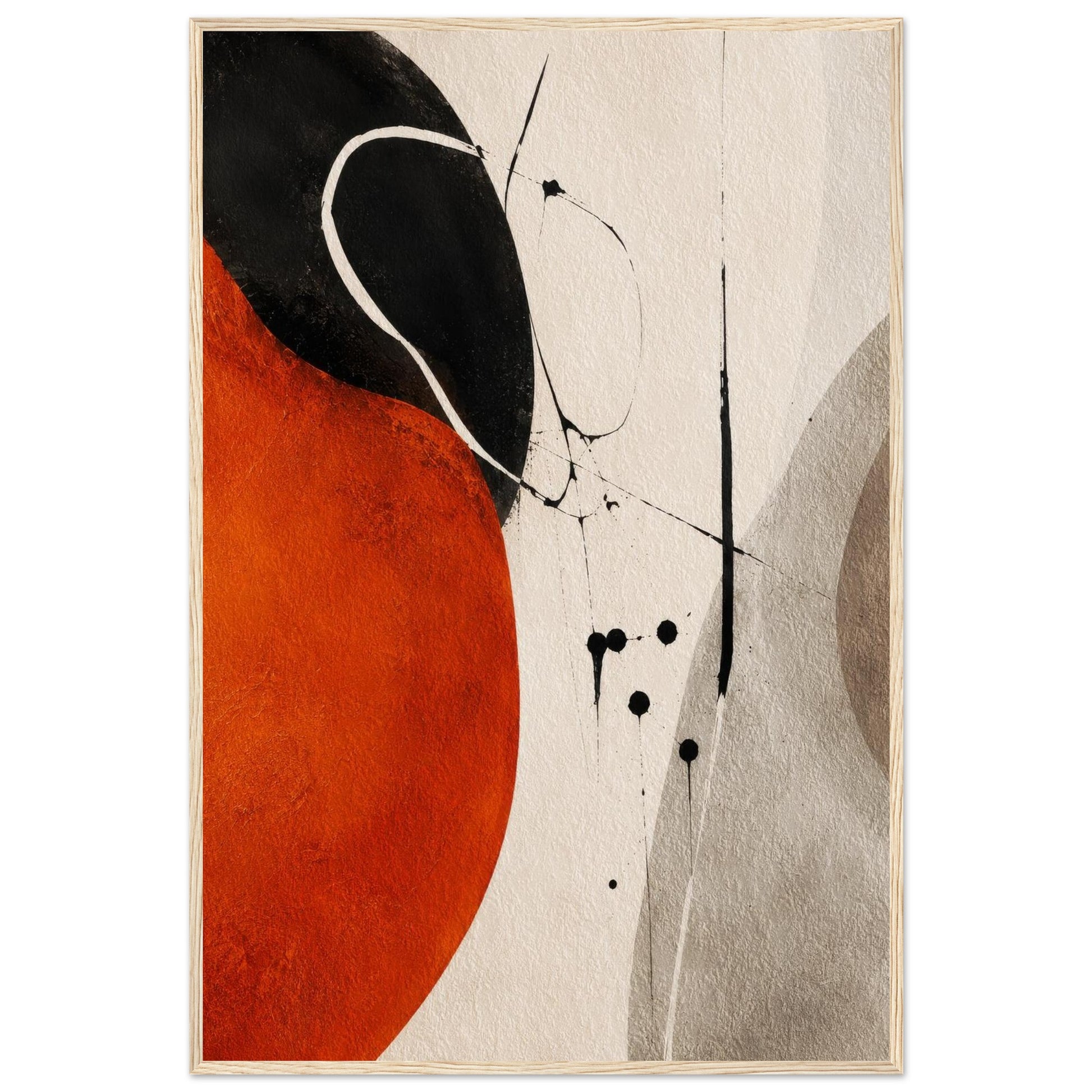 Abstract orange and black poster displayed in a natural oak wooden frame
