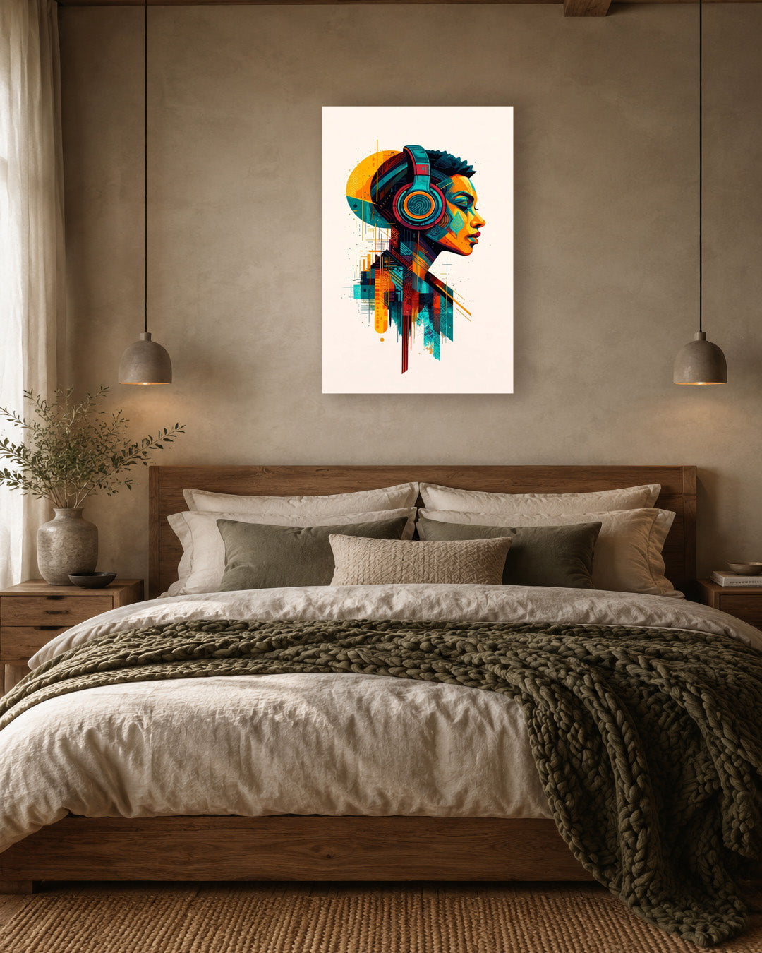 Abstract skull wall art poster hanging above a bed in a modern bedroom featuring neutral tones, soft textiles and warm ambient lighting.