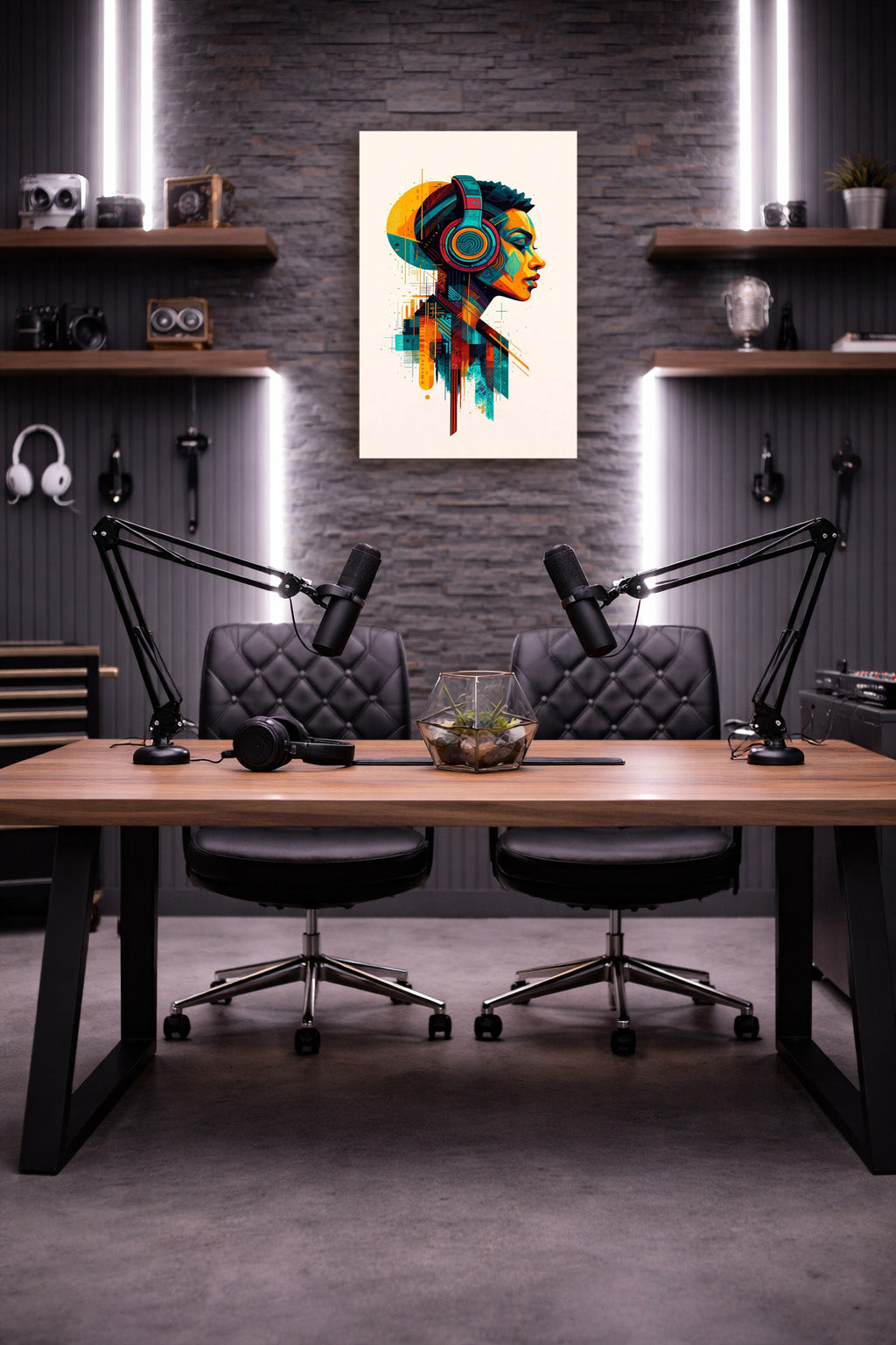 Colorful abstract skull wall art poster displayed above a modern workspace with dual desks, black office chairs and industrial shelving in a contemporary home office.