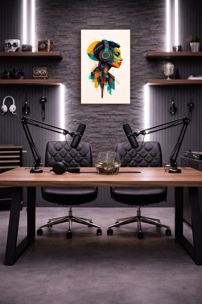 Colorful abstract skull wall art poster displayed above a modern workspace with dual desks, black office chairs and industrial shelving in a contemporary home office.