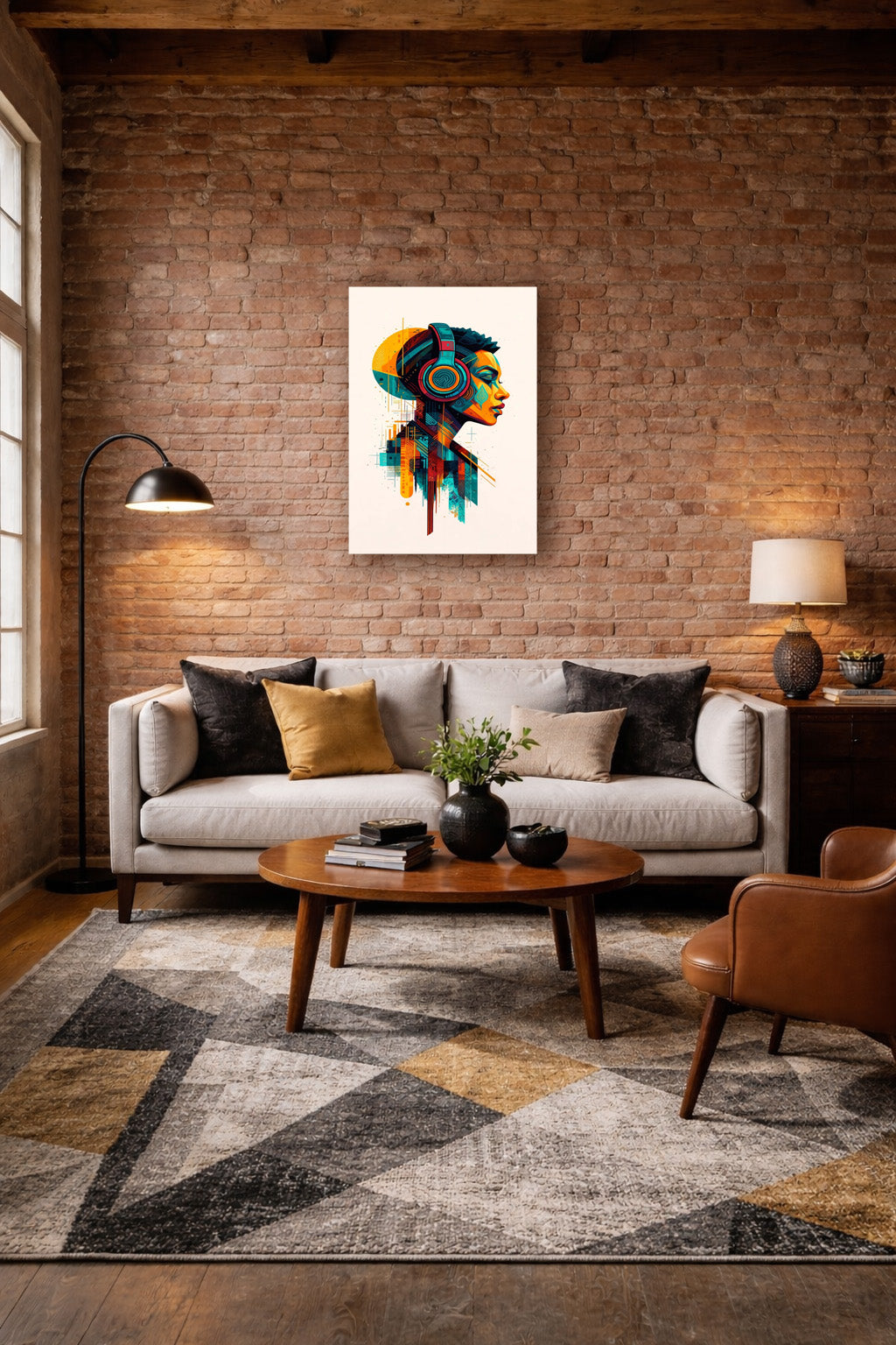 Abstract skull wall art poster showcased above a beige sofa in a cozy modern living room with brick wall accents, warm lighting and stylish decor.