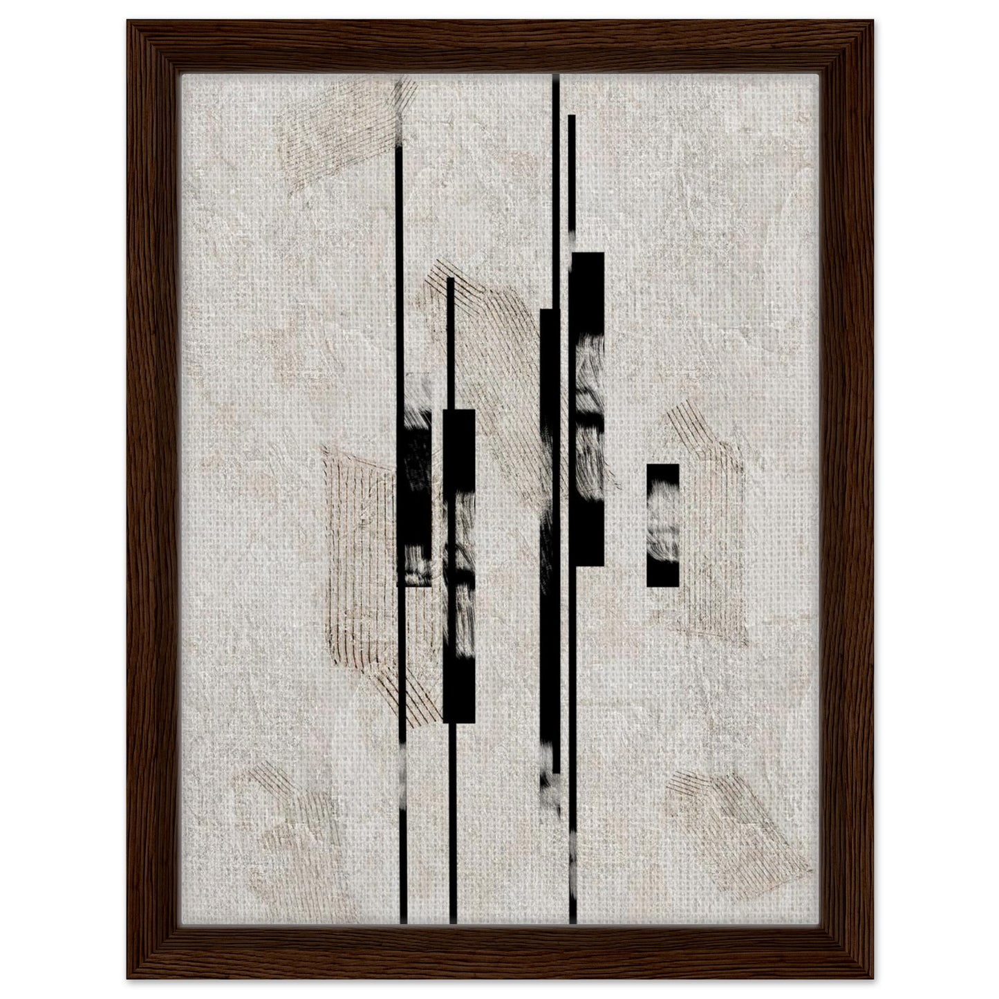Abstract artwork with elongated black forms and subtle beige texture in black frame
