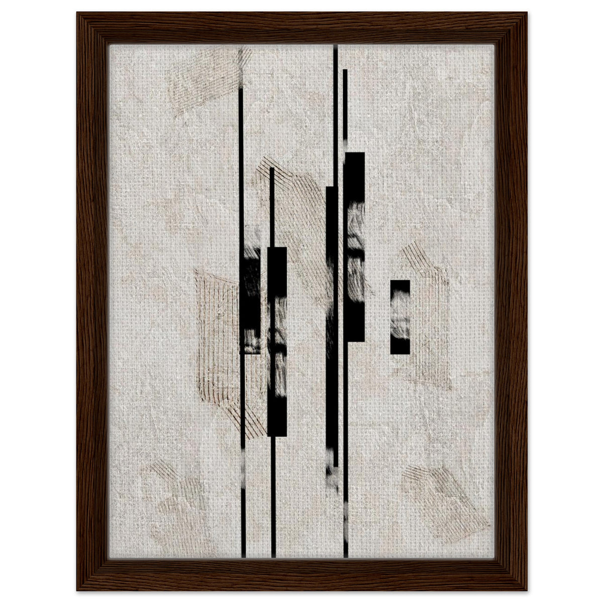 Abstract artwork with elongated black forms and subtle beige texture in black frame