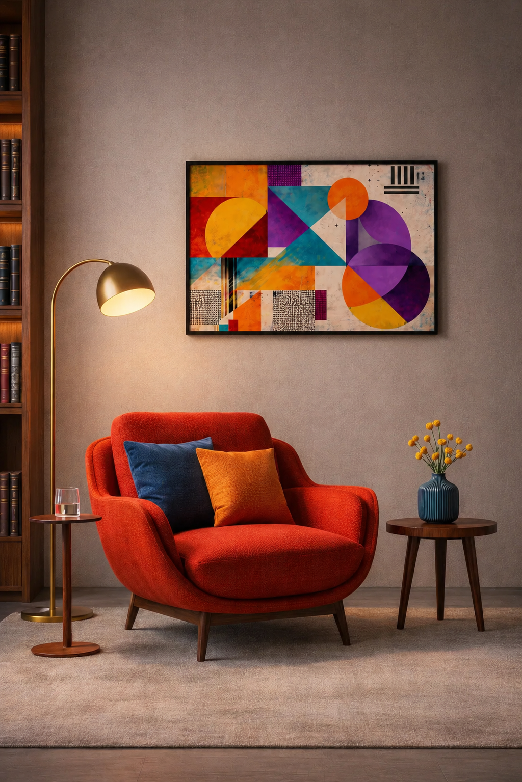 Abstract geometric framed poster styled above orange accent chair in cozy modern reading corner with warm ambient lighting