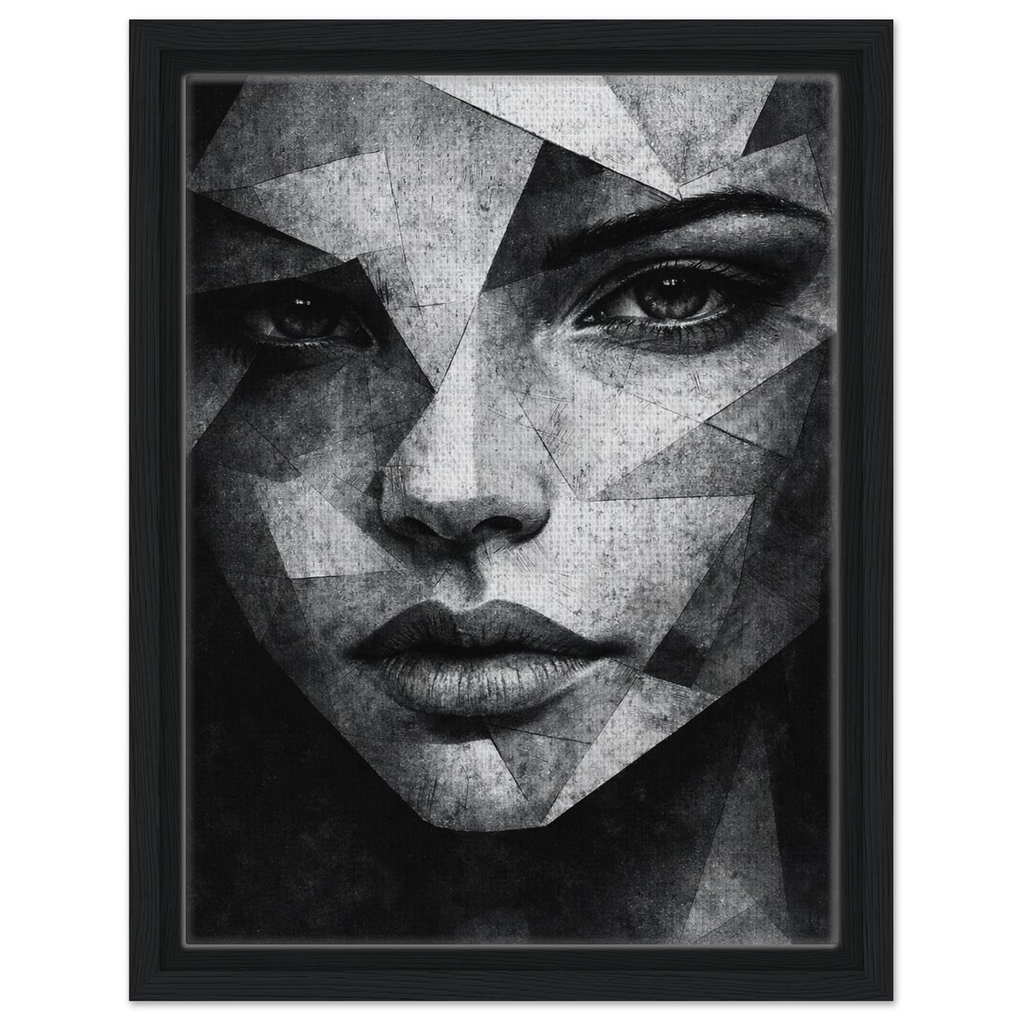 Abstract woman portrait with angular monochrome shapes in black frame