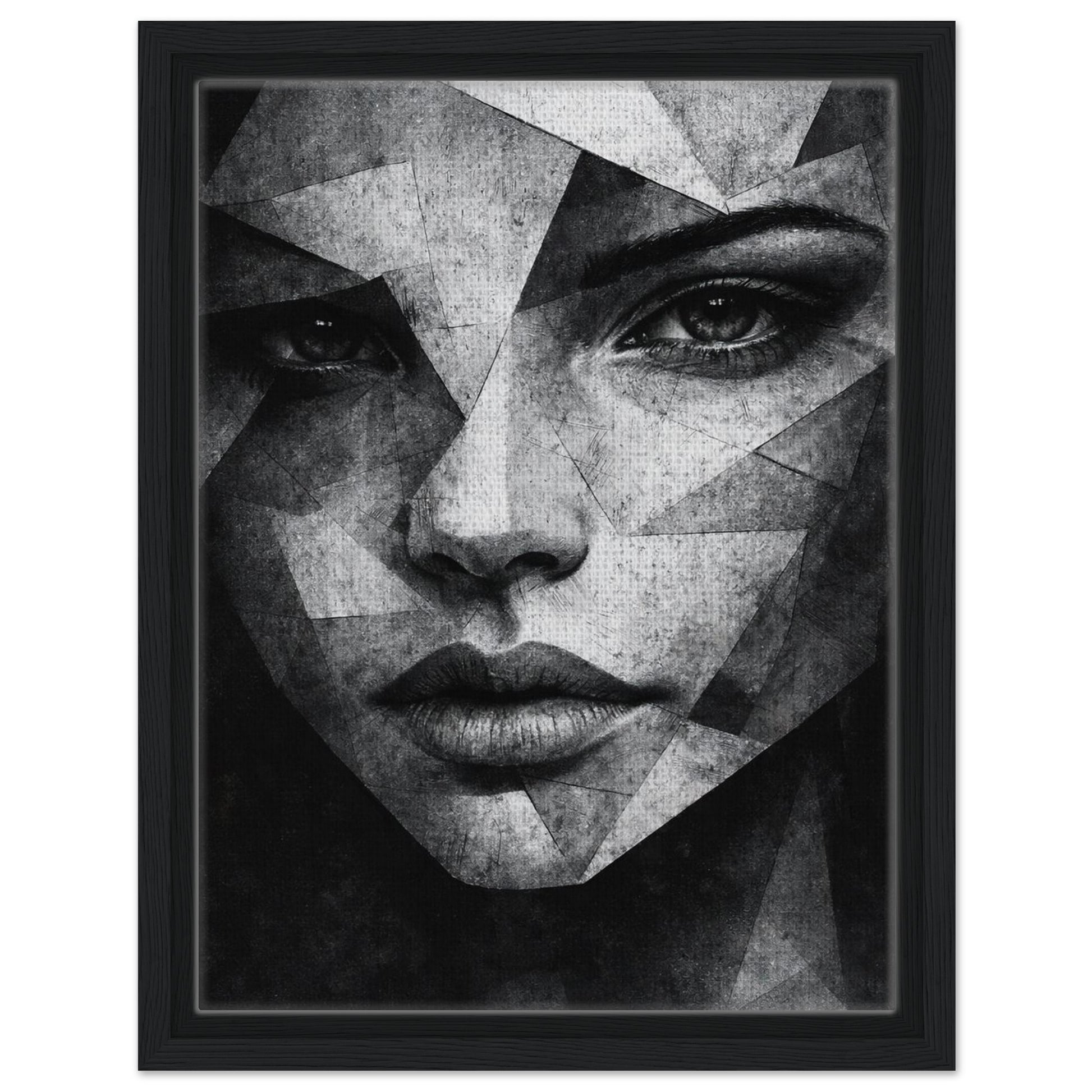 Abstract woman portrait with angular monochrome shapes in black frame
