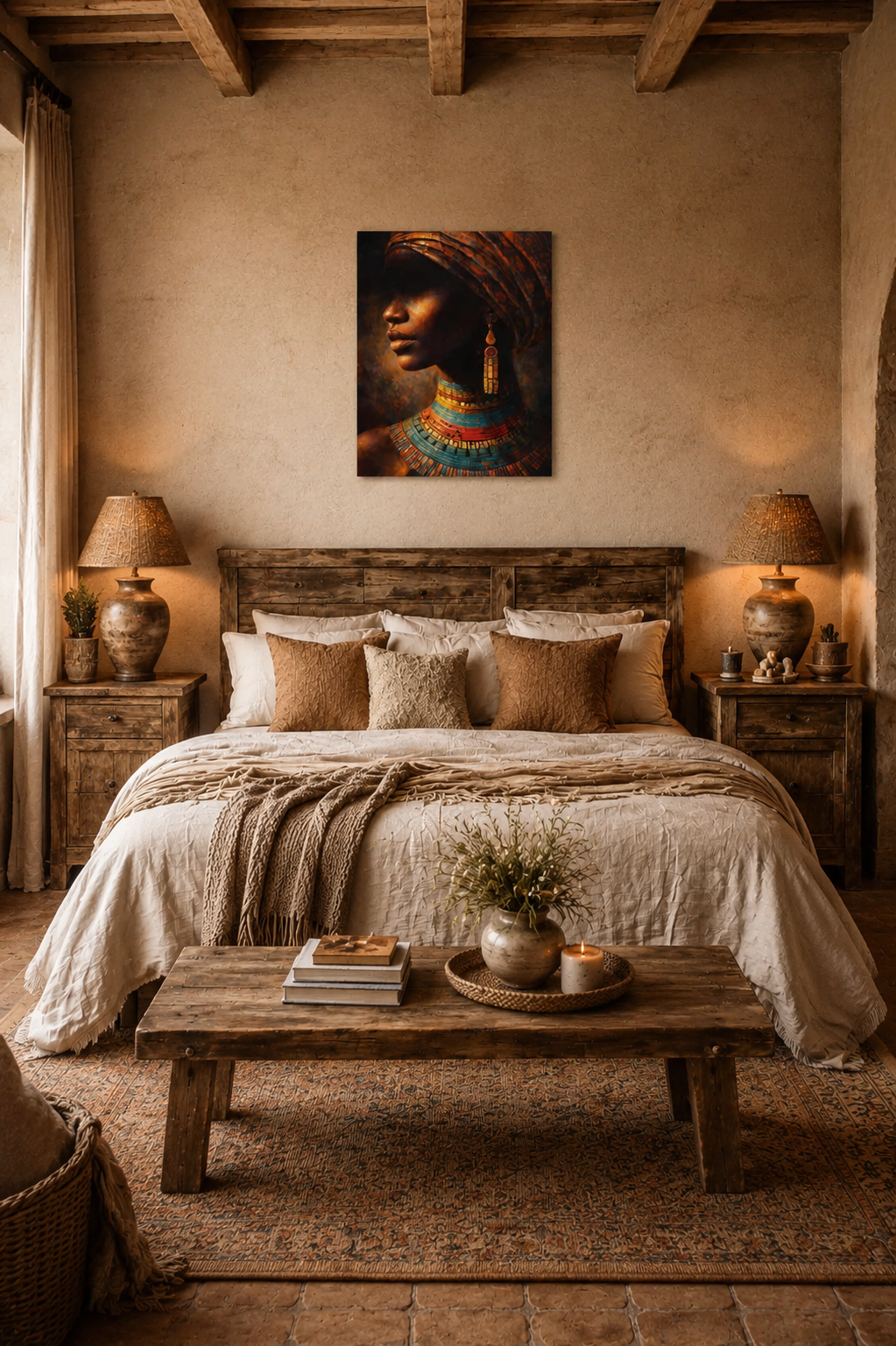 African woman canvas wall art displayed above bed in warm rustic Mediterranean bedroom interior