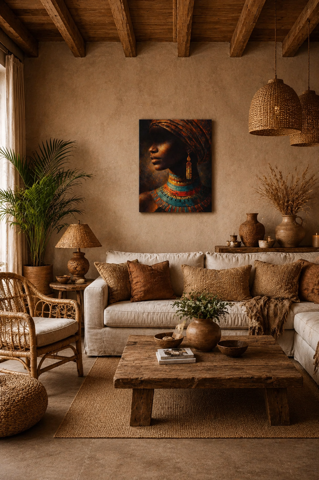 African woman canvas wall art in cozy boho living room with natural textures and wooden decor