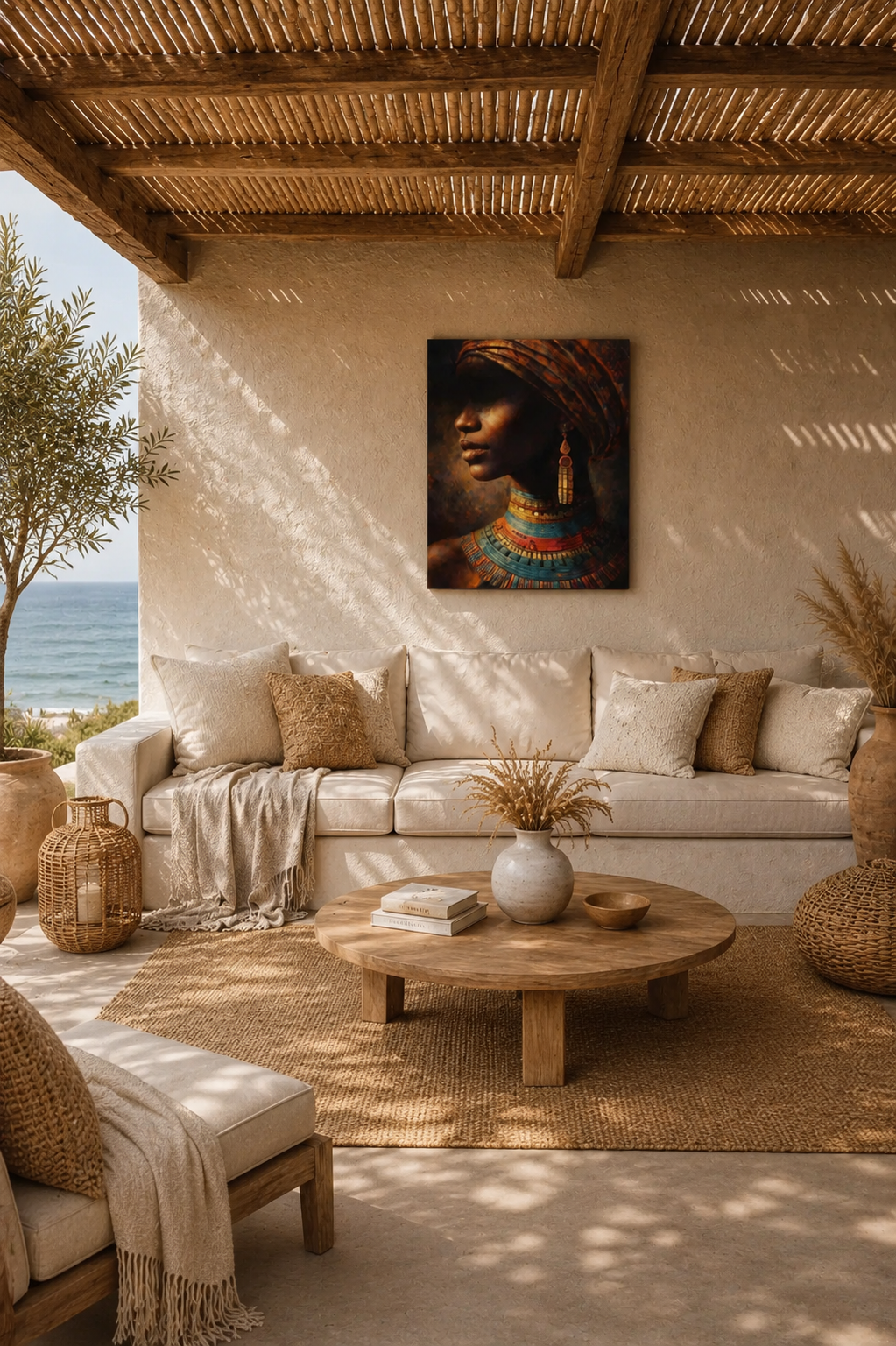 African woman canvas wall art in sunlit coastal terrace lounge with sea view and neutral decor