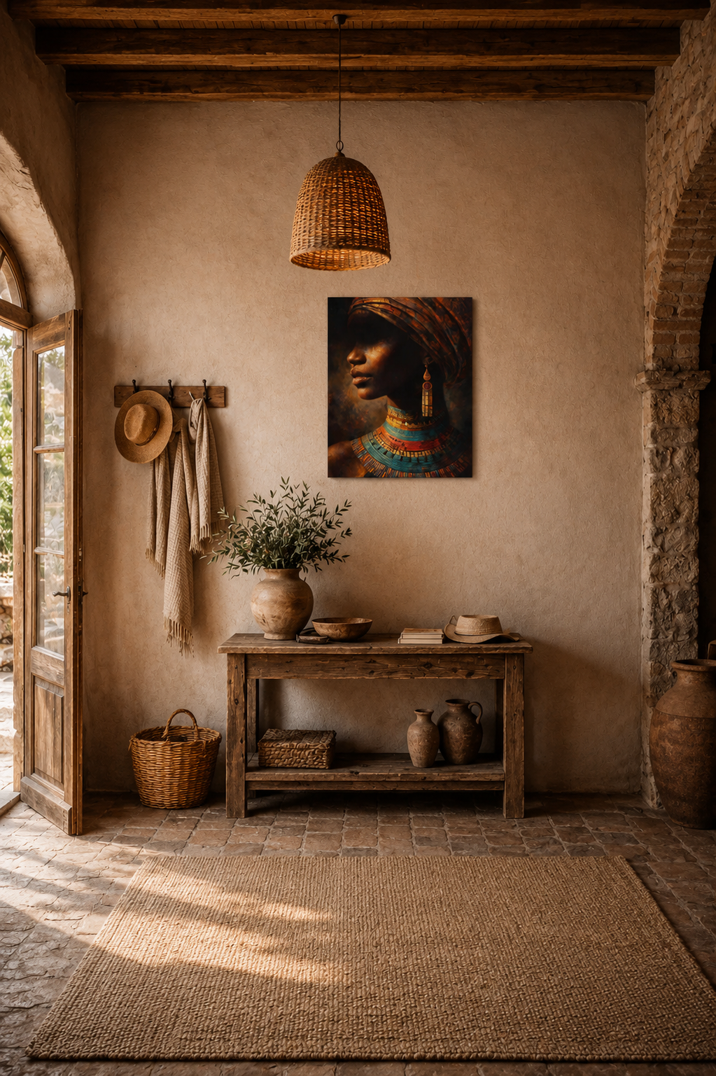 African portrait canvas wall art above wooden console table in Mediterranean entryway interior