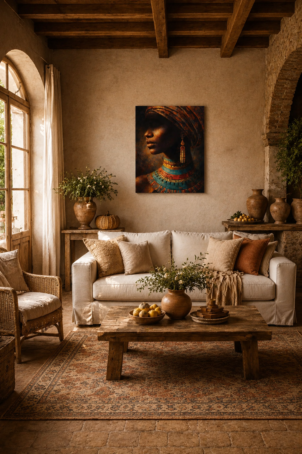 African portrait canvas wall art in rustic Mediterranean living room with stone arch details