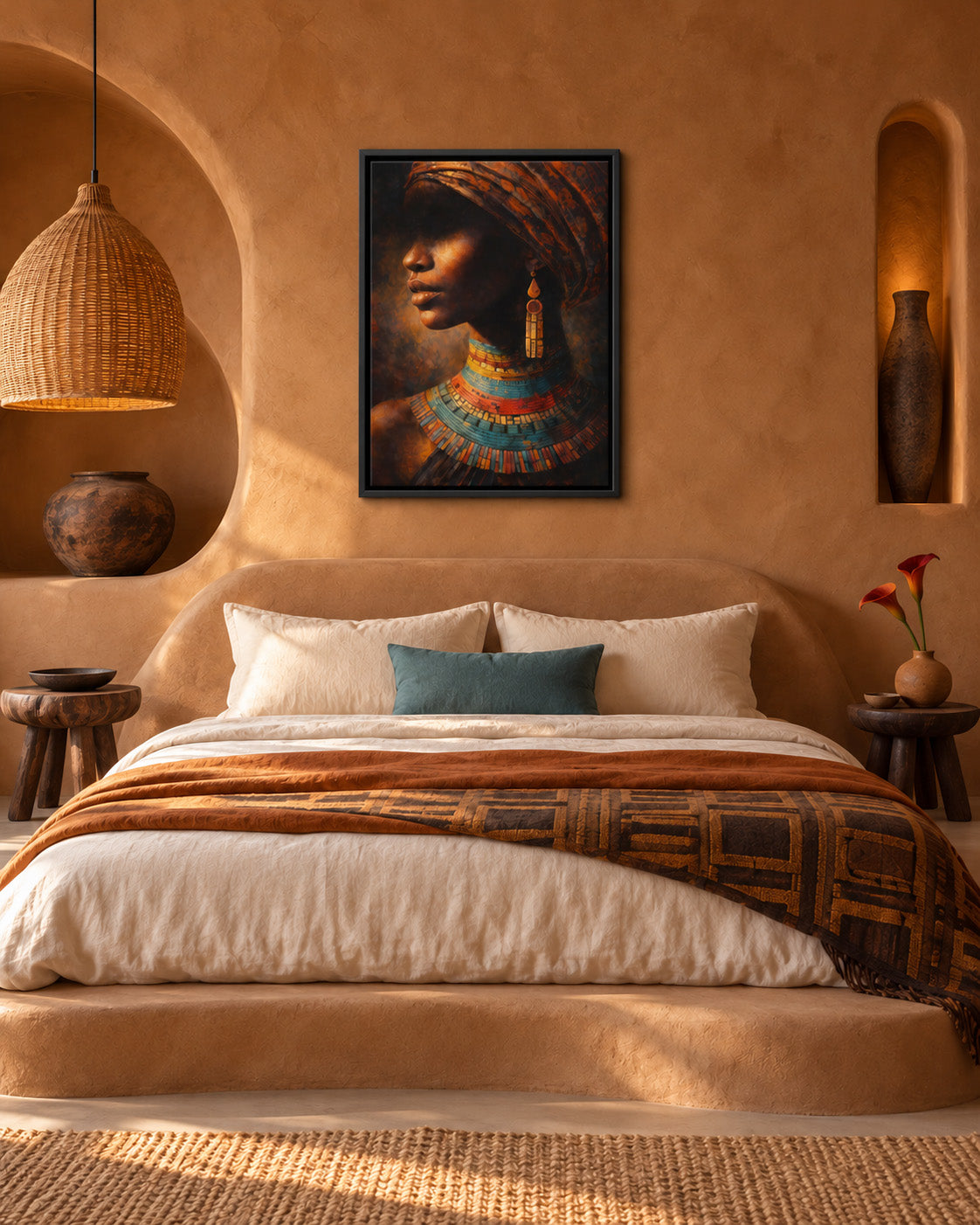 Afro Beauty African portrait canvas in a black floating frame above a bed with cream linen and terracotta textiles.
