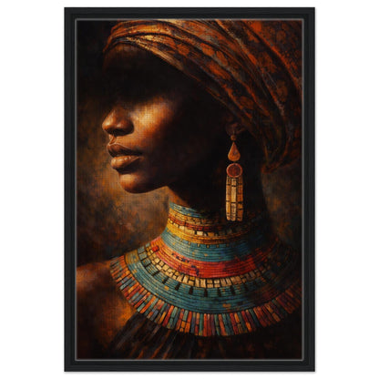 African woman in profile with a patterned headwrap and colorful beaded necklaces, framed canvas in a black frame.