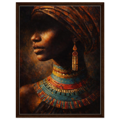 African woman in profile with a patterned headwrap and colorful beaded necklaces, framed canvas in a dark brown frame.
