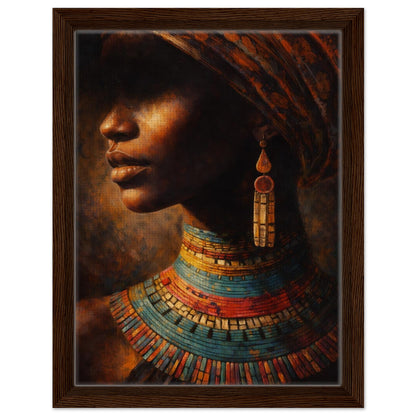 African woman in profile with a patterned headwrap and colorful beaded necklaces, framed canvas in a dark brown frame.