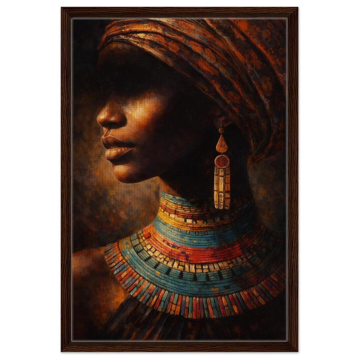 African woman in profile with a patterned headwrap and colorful beaded necklaces, framed canvas in a dark brown frame.