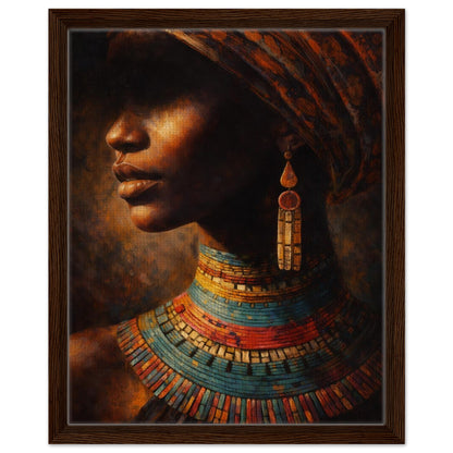 African woman in profile with a patterned headwrap and colorful beaded necklaces, framed canvas in a dark brown frame.