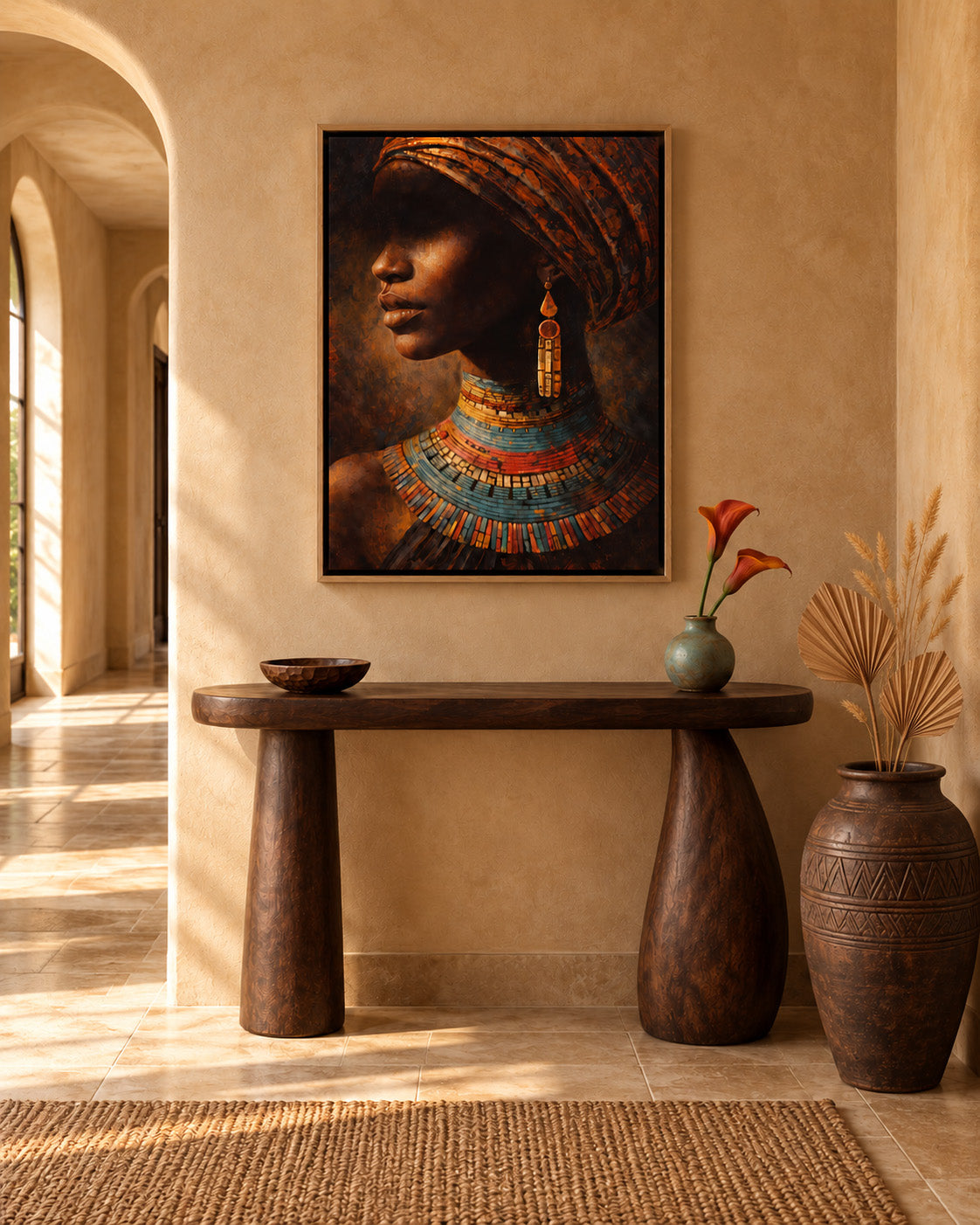 Afro Beauty African portrait canvas above a wooden entryway console beside a patterned floor vase with dried palms.