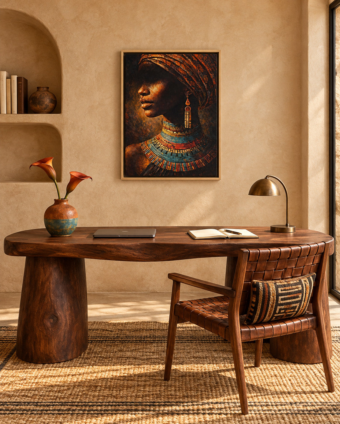 Afro Beauty African portrait canvas in a light wood floating frame above a wooden desk in a warm-toned home office.