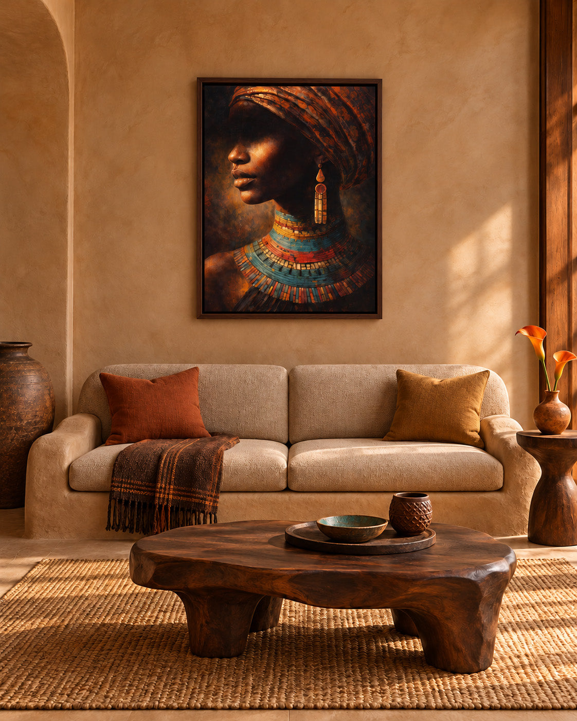 Afro Beauty African portrait canvas in a dark brown floating frame above a cream sofa in an earth-toned living room.