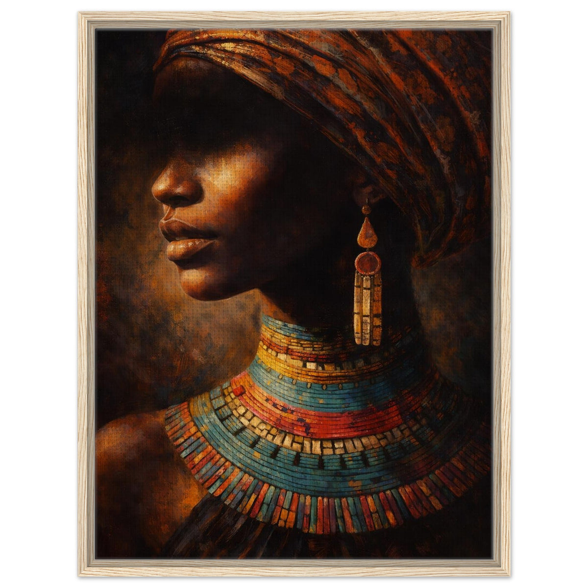 African woman in profile with a patterned headwrap and colorful beaded necklaces, framed canvas in a light wood frame.