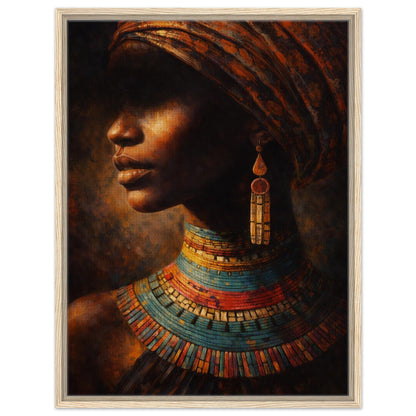 African woman in profile with a patterned headwrap and colorful beaded necklaces, framed canvas in a light wood frame.