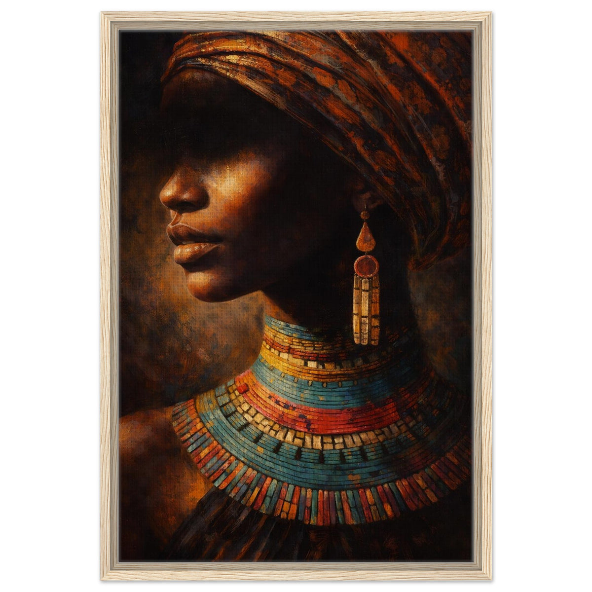 African woman in profile with a patterned headwrap and colorful beaded necklaces, framed canvas in a light wood frame.