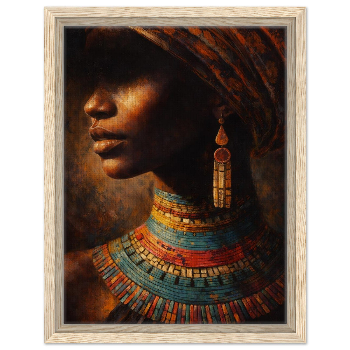 African woman in profile with a patterned headwrap and colorful beaded necklaces, framed canvas in a light wood frame.