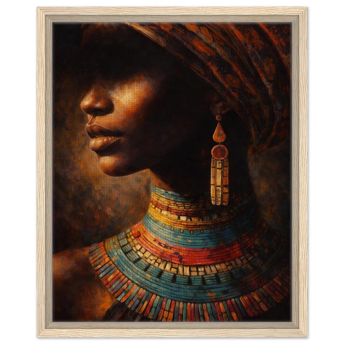 African woman in profile with a patterned headwrap and colorful beaded necklaces, framed canvas in a light wood frame.