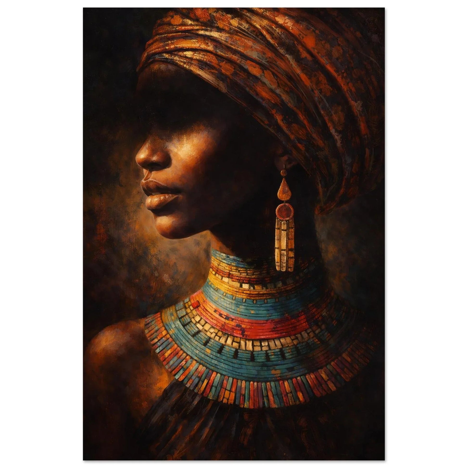 Afro Beauty elegant African portrait wall art poster in warm brown and copper tones with turquoise, gold and coral jewelry