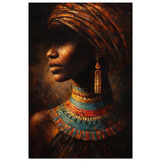 Afro Beauty elegant African portrait wall art poster in warm brown and copper tones with turquoise, gold and coral jewelry